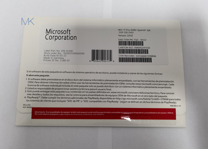 22H2 έκδοση Microsoft Windows 11 επαγγελματική πλήρης συσκευασία Dvd με τα ισπανικά στοιχεία εγκαταστάσεων
